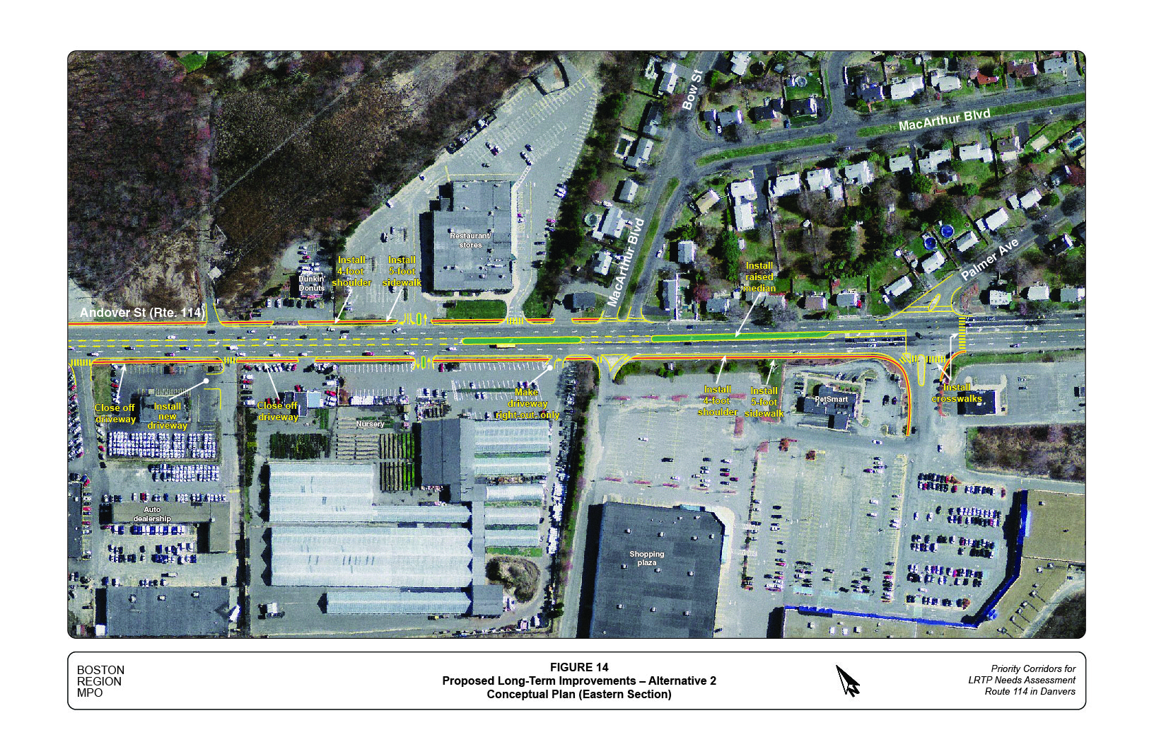 Figure 14 shows the locations and layouts of the proposed long-term improvements in Alternative 2 in the eastern section of the study corridor. 